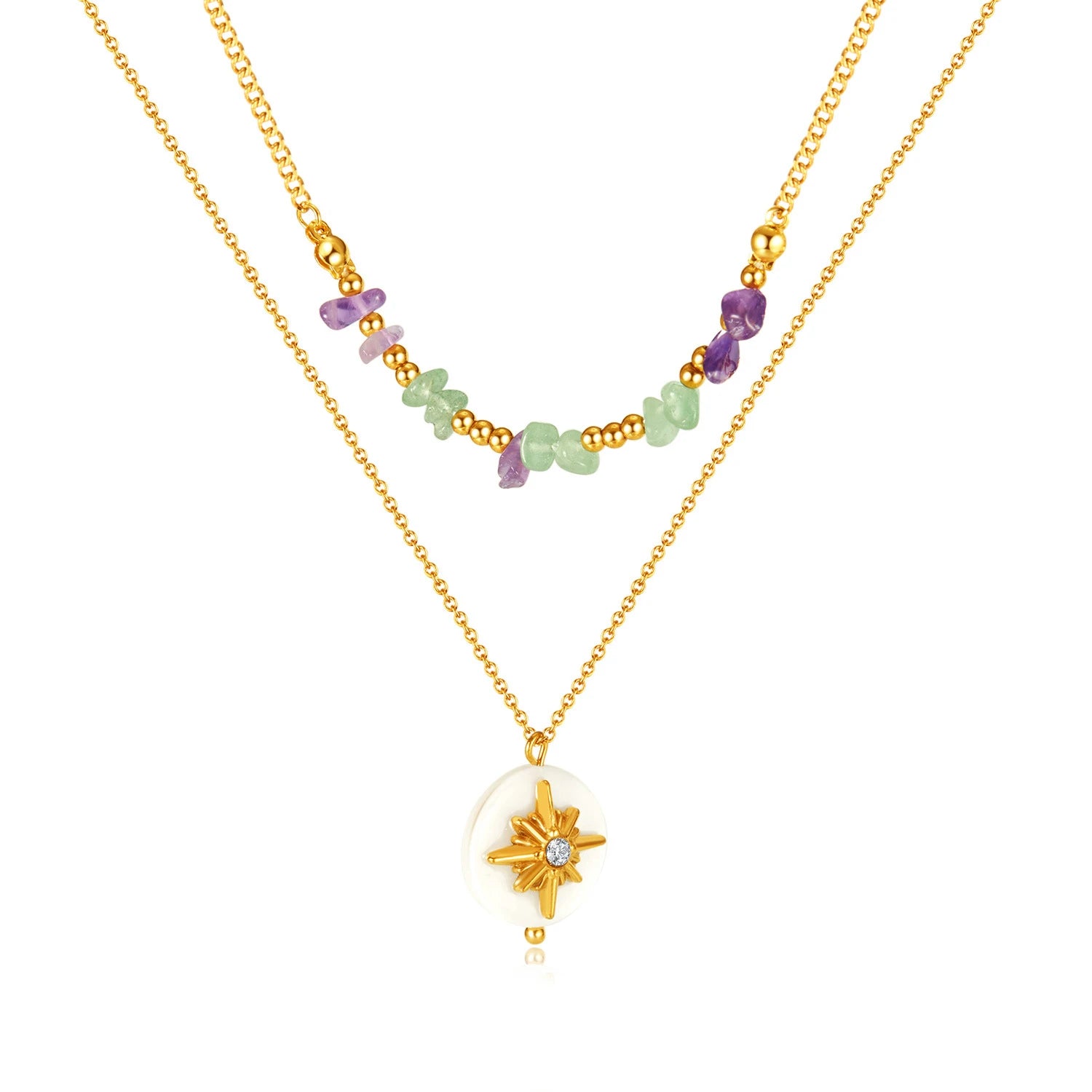 Summer Double Layer Stainless Steel Shell Natural Stone Beaded Necklace for Women  Octagon Star Cubic Zirconia Pendant Necklace