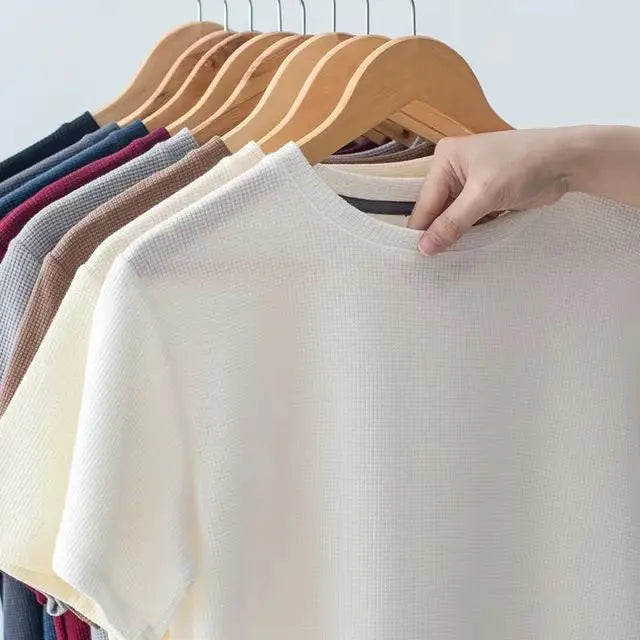Summer Unisex Waffle Knitted Short Sleeve T-shirt 260G Heavyweight Men's Versatile Loose Solid Color Blank Design