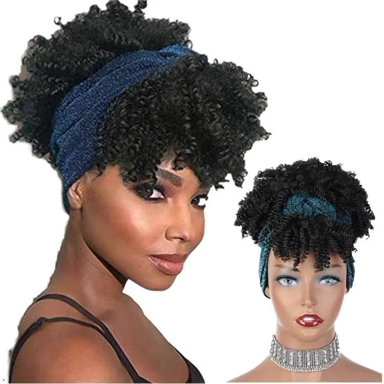 Kinky Curly Headband Wig Synthetic Turban Wrap-wig Afro Puff Drawstring Headwrap with Bangs Wholesale Short Blonde Black Support