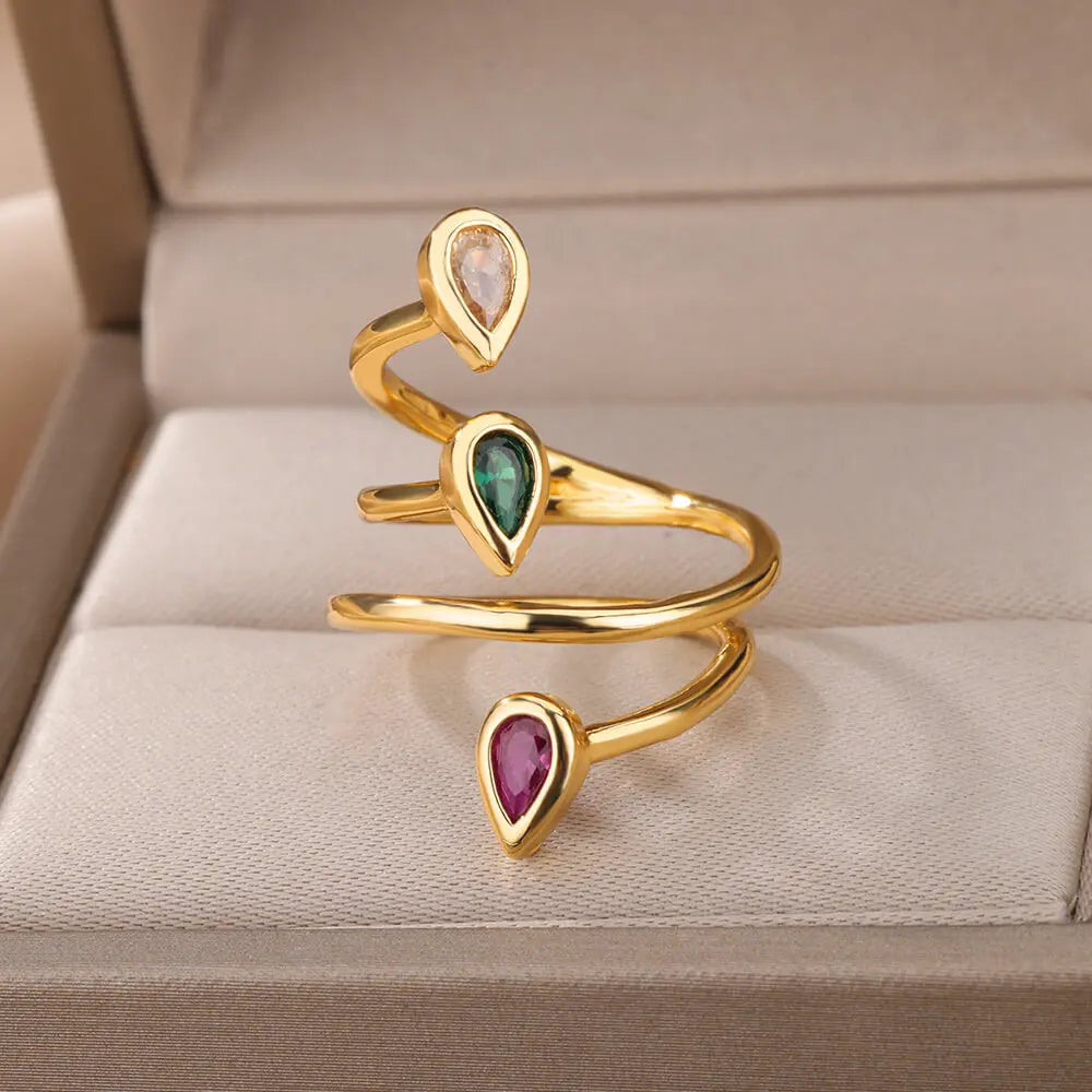 Fashion Vintage Natural Stone Open Ring 18K Gold Plated Stainless Steel Geometry Diamond Adjustable Rings for Women Jewelry Gift