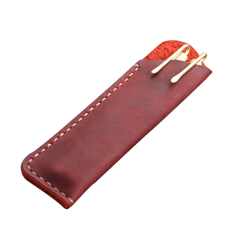 Custom Logo Vintage Genuine Leather Pencil Case Office Crazy Horse Cowhide Leather Pen Sleeves Pouch Holder