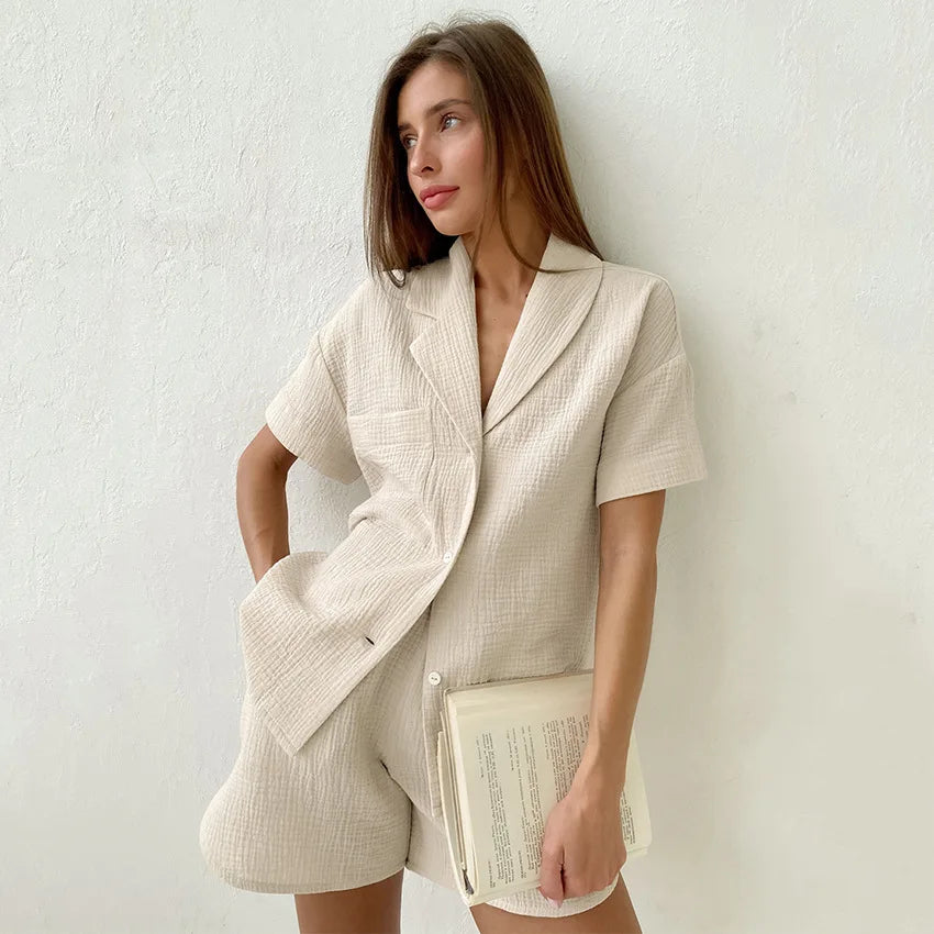 Enyami Summer Autumn Lounge Wear Casual Outfit Coords Cotton Fabric Shirt Blouse Shorts 2 Piece Pajamas Set