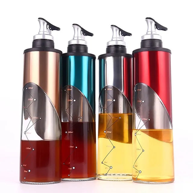 Star Track Scale Stainless Cover 650ml Cylinder Glass Oil Bottle Seasoning Can Set Oil Kettle with Pressing Pump