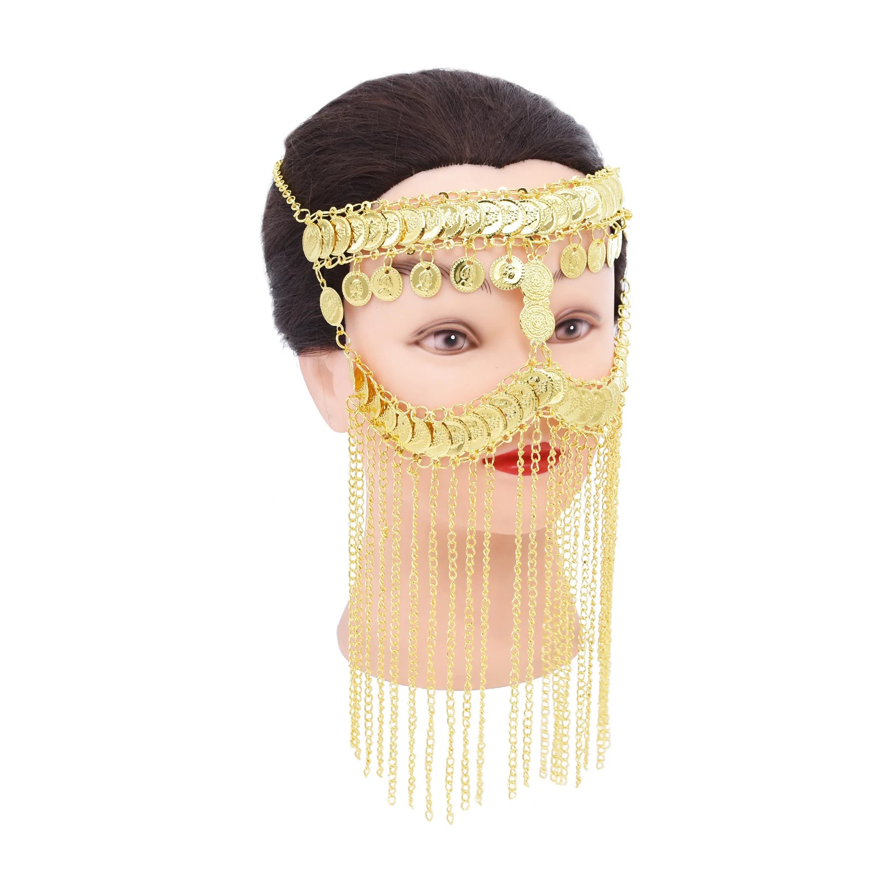 Gold Multilayer Tassel Head Chain Classic Middle Eastern Style Dance Night Club Party Body Jewelry Alloy Main Veil Face Covering