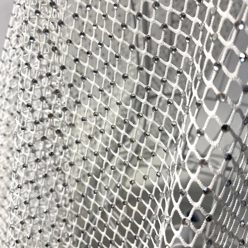 130cm Fashionable Hot-Fix Fishnet Mesh Trimming Fabric with Loose Rhinestones for Skirt See-Through Crystals Rhinestone Trim