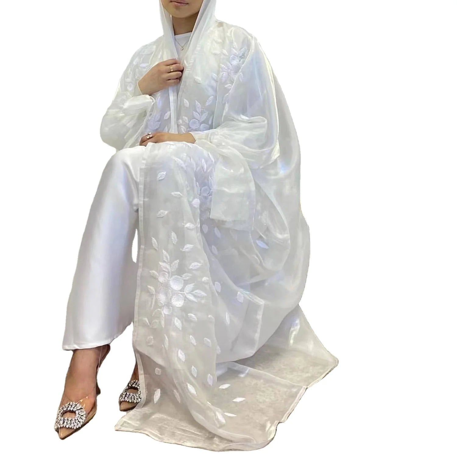 Long Open Style Embroidery Leaf Pattern Match All Cloth Fashion Muslim Girl Transparent Abaya