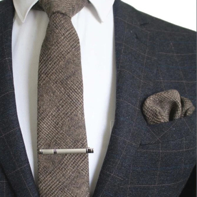 Fashion Wool Ties for Men Skinny Solid Casual Neckties With Pocket Square Tie Clip Set Corbata Slim Striped Necktie for Wedding