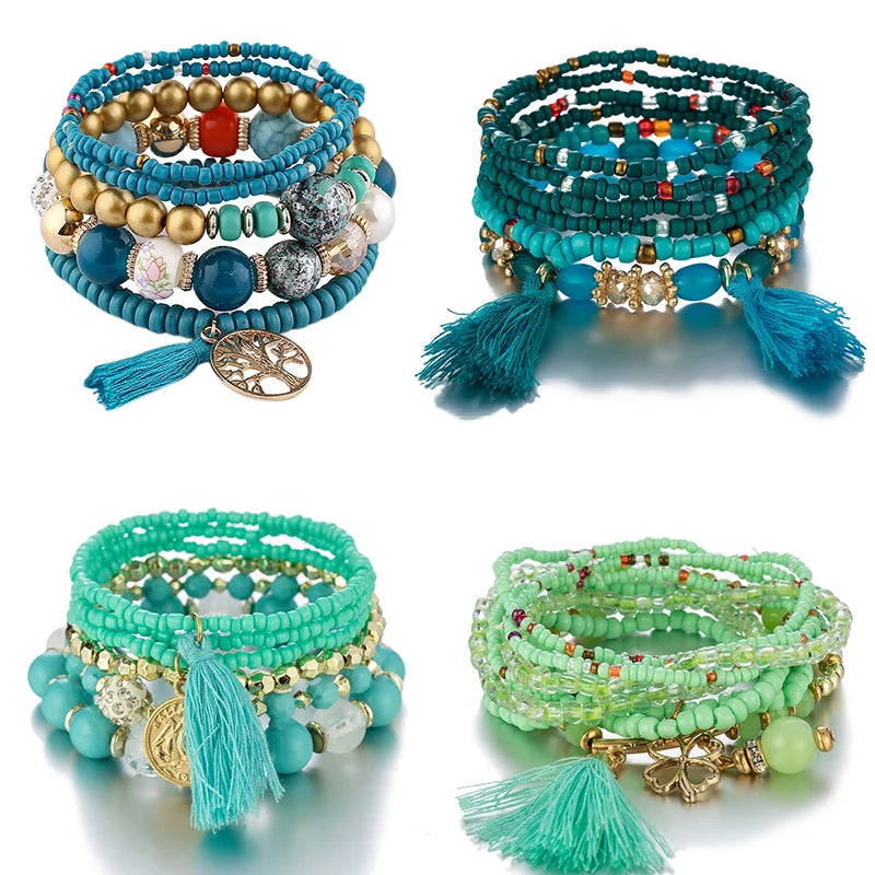 New Style Mom Tree Charms Tassel Stack Stretch Bracelet Set Bulk Clover Pendant Beads Bracelet Jewelry