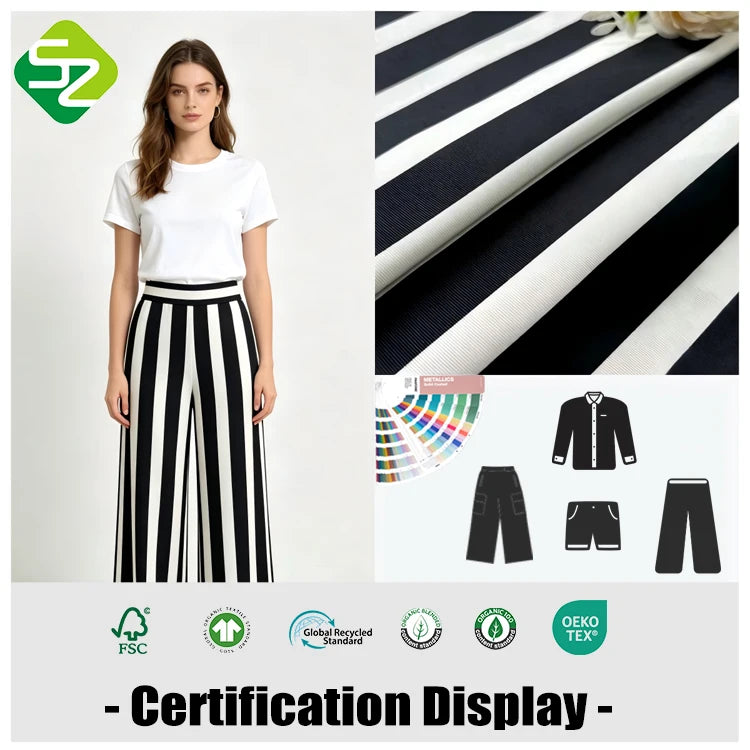 Stretchy Organic Cotton Twill Print Fabric Used for Stylish Black and White Striped Flare Pants