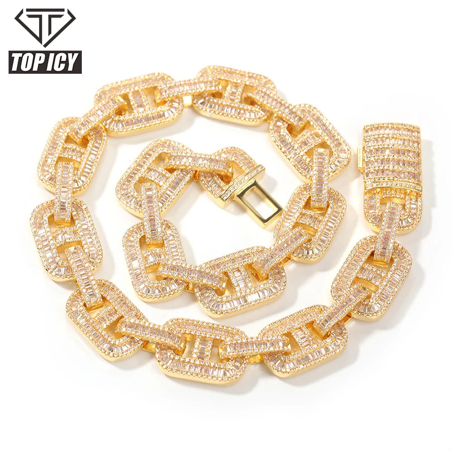 2021 Unique Design Hollow Rectangle Gold Silver Rose Gold 15mm Men baguette Cuban Link Chain Hip Hop Style Box Clasp Miami Cuban