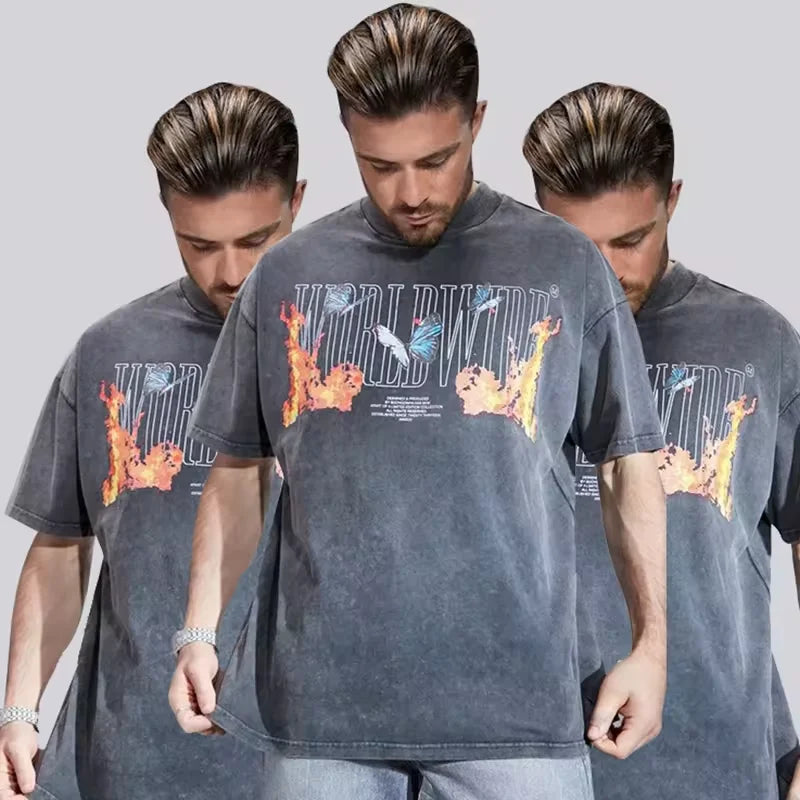Custom Round Neck Wash Printing Hip Hop Shirt Oversized Organic Cotton Vintage T-Shirt for Men