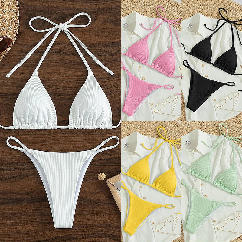 Women Candy Color Sexy Halter Bikini Triangle Solid Black Bathing Swim Suit Lace-Up Brazilian Two Piece Swimwear Beachwear 2025