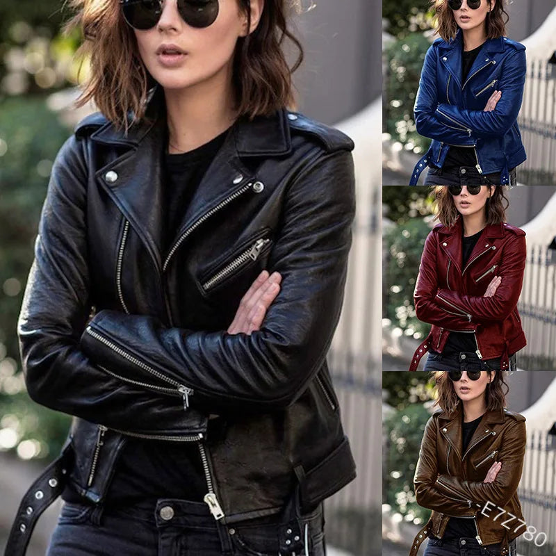 Autumn New Motorcycle PU Leather Jacket Women's PU Leather Coat Women's Short Slim Leather Coat