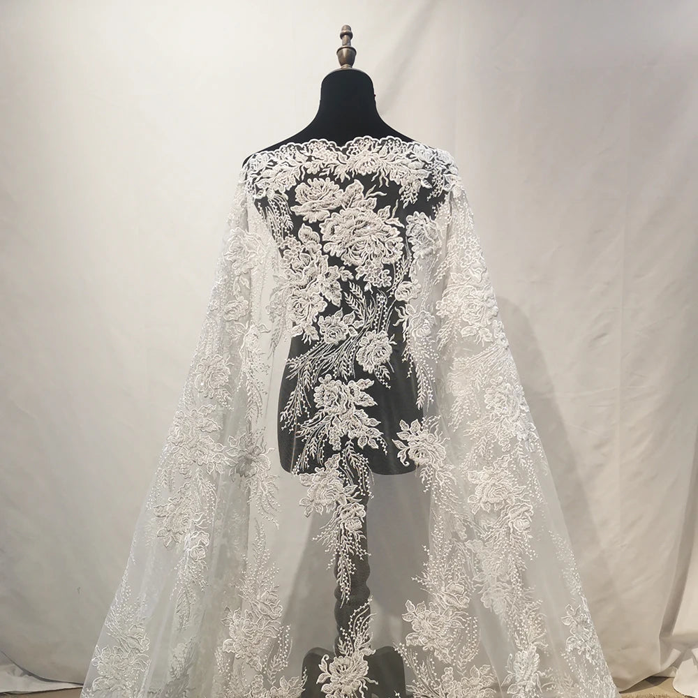 Ivory Bridal Sequined Tulle Fabric Embroidery Lace Gorgeous French Beaded Lace Fabric for Wedding Dresses