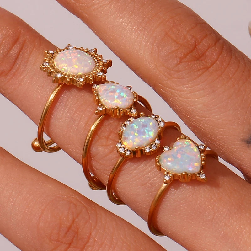 G4041 Wholesale 316L Stainless Steel 18k Gold Plated Tarnish Free Teardrop Heart Opal Ring for Women Fashion Jewelry