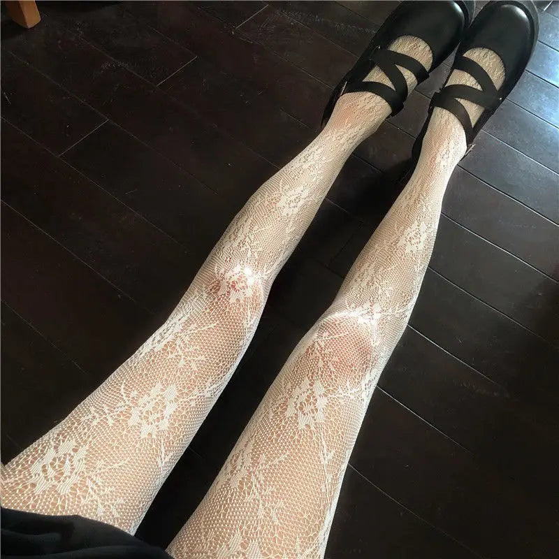 Hollow Lace Net Stockings Pantyhose Lolita Retro Flower Vine White Stockings Letter Printed Sexy Women Tights Stocking Pantyhose
