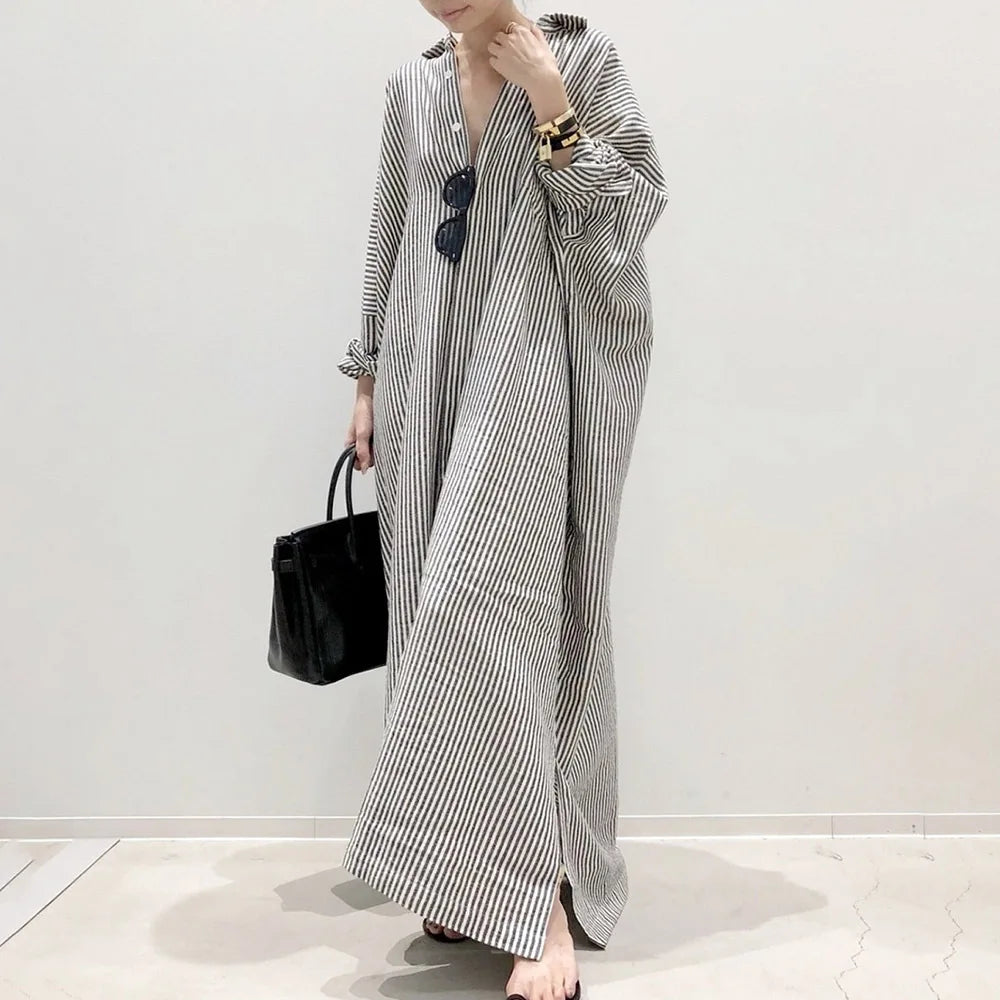 Wholesale 2026 Summer New Style Cotton comfort Striped Casual A-line  Long-sleeved Loose Single-breasted Straight  Fashion Dress