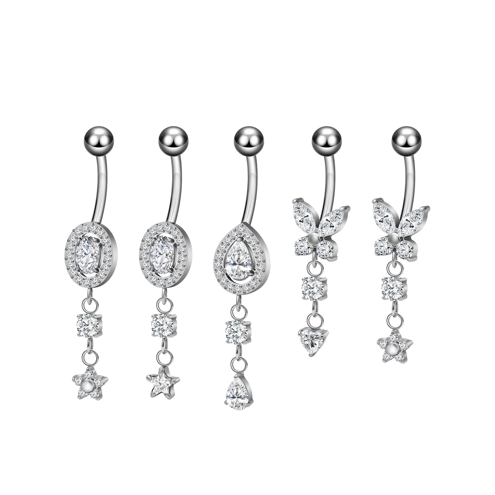 316L Stainless Steel 14G Belly Button Ring 10mm Bar Butterfly Shape CZ Paved Water Drop Curved Navel Piercing Women Body Jewelry