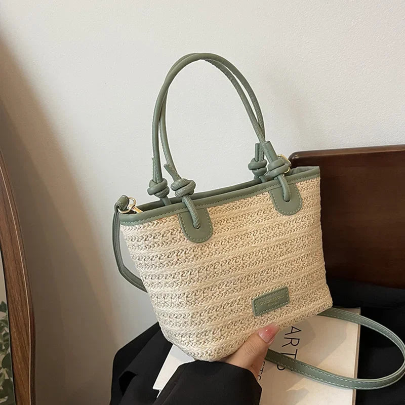 Summer Vacation Straw Woven Women's Crossbody Bags Contrast Color Ladies Bucket Shoulder Bag Fashion Design Female Handbags