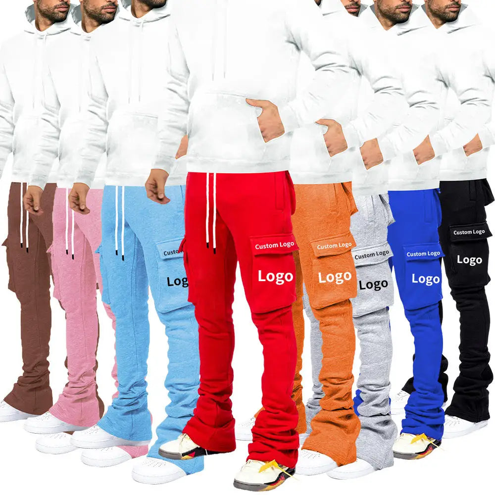 Custom Logo Men Stacked Joggers With Drawstring Pocket Solid  Streetwear Men's Sweatpants Flare Cargo Stacked Pant Trousers