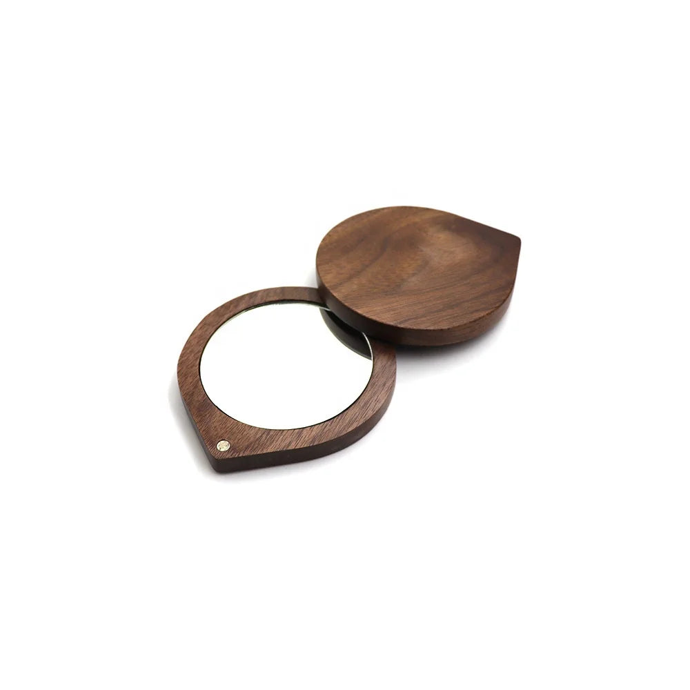 Mini Cute Portable Walnut Pocket Mirror Craft Gift for Women Girls