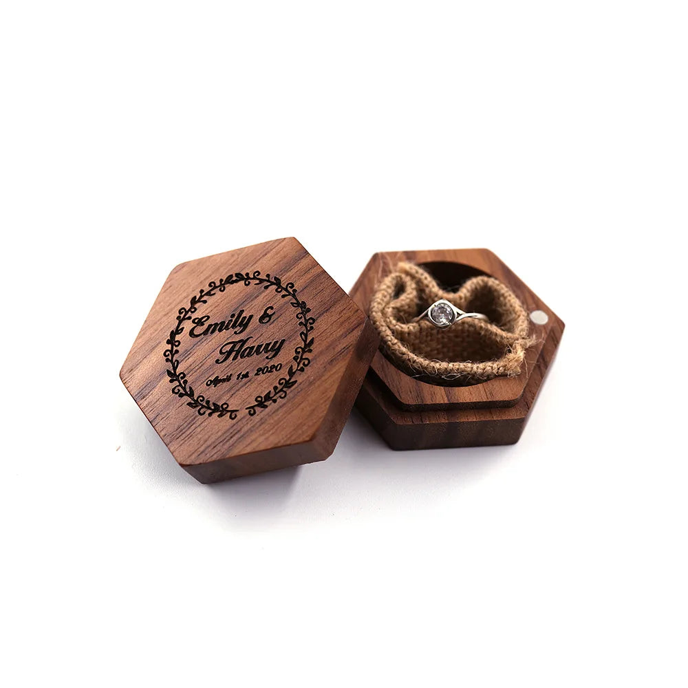 Hexagon Wooden Black Walnut Luxury Jewellery Packaging Wood Velvet Ring Jewelry Box