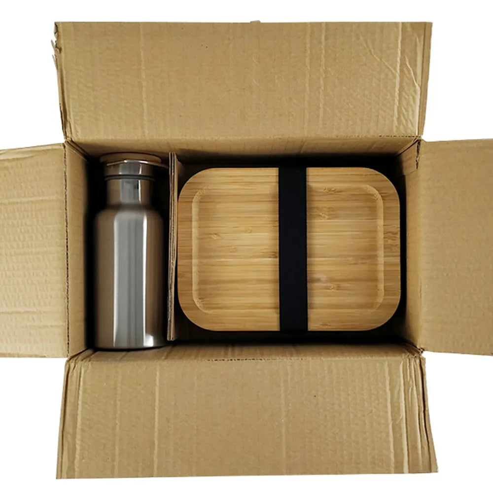 Stainless Steel Lunch Box with Water Bottle Bento Box Kids Insulated Lunch Box Microwave Safe Food Containers Bamboo Fiber Lid