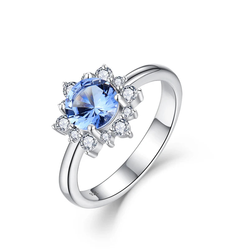 Round Cut Halo Wedding Rings S925 Girls Jewelry Silver CZ Engagement Ring Aquamarine Blue Rings