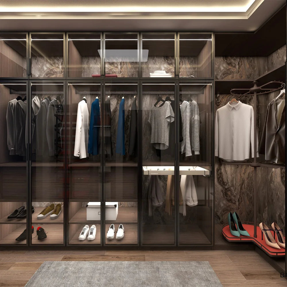 Customized Luxury Glass Door Wooden Wardrobe Bedroom Furniture Storage Home Furniture Smart Light Switch Walk in Closet