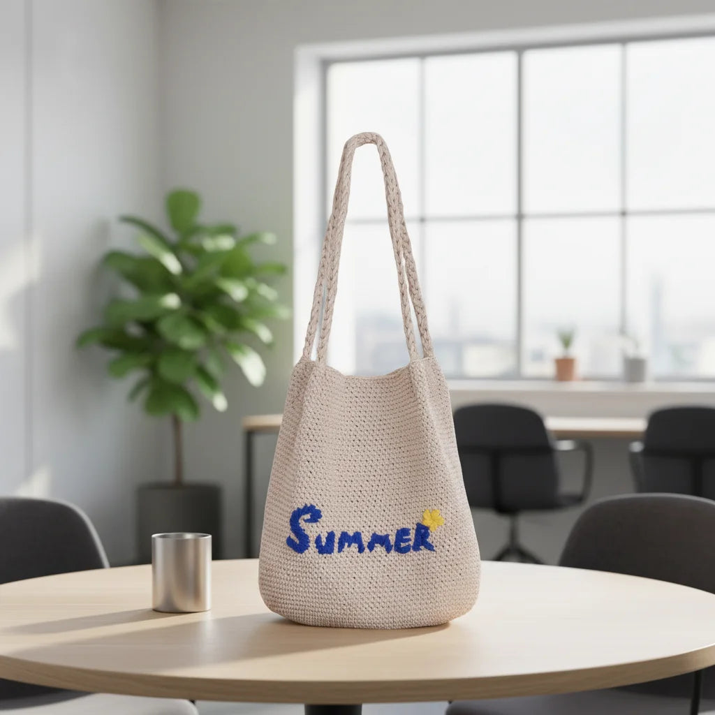 Handmade Crochet Cotton Thread Knitting Hand Embroidered Letters Solid Color Internet Celeb Sweet Spring Summer Tote Polyester