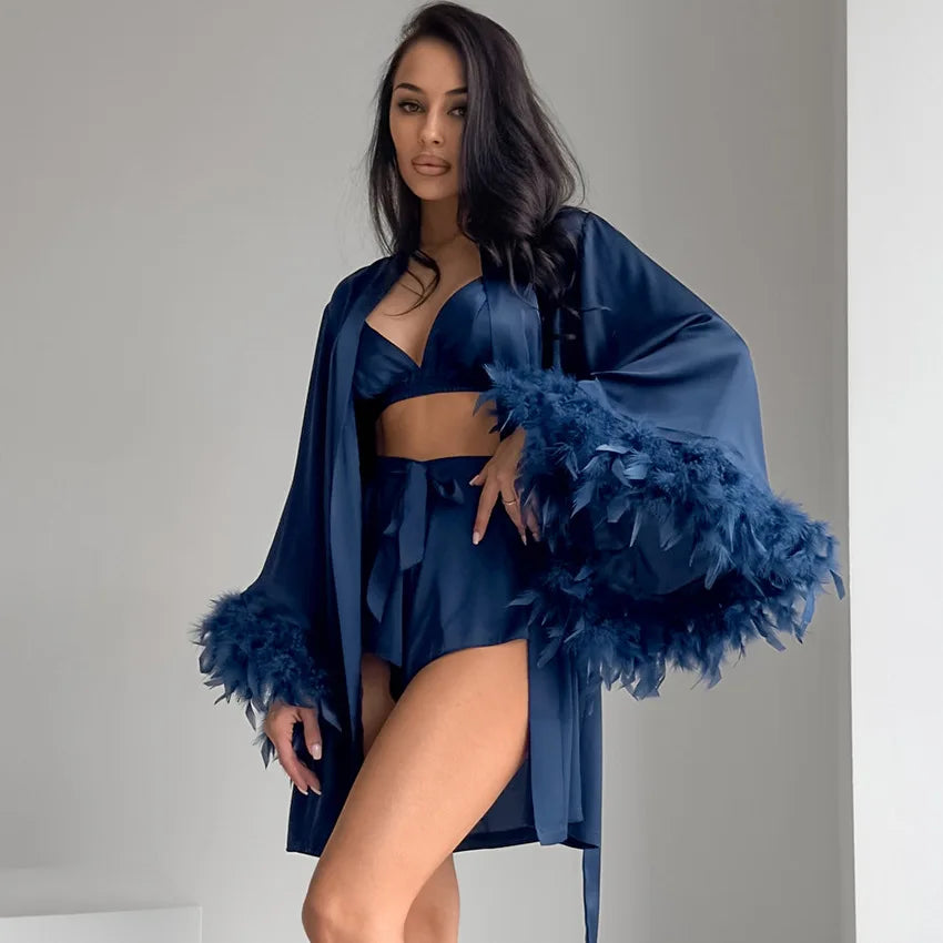 Three Piece Set High Quality Feathers Pajama Satin Nightwear for Women  Loungewear