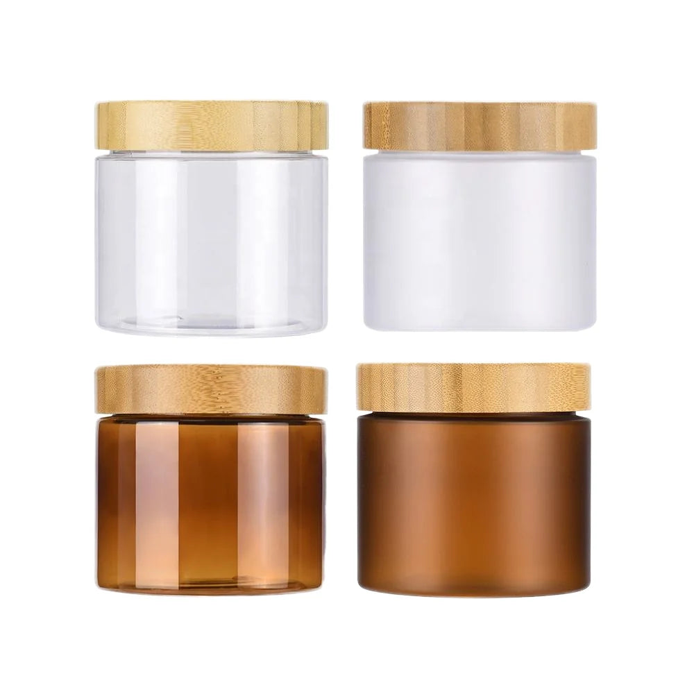150ml 250ml Tea-Colored  Transparent Frosted PET Jars Mask Jars Cream Containers Snack Jars with Lids Featuring Wooden Grain
