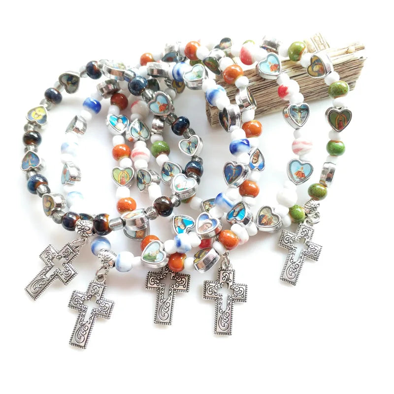 Handmade Cute Colorful Ceramic Glass Beads Christian Religious Style Zinc Alloy Hollow Cross Stretch for Bracelet Beaded Jewelry
