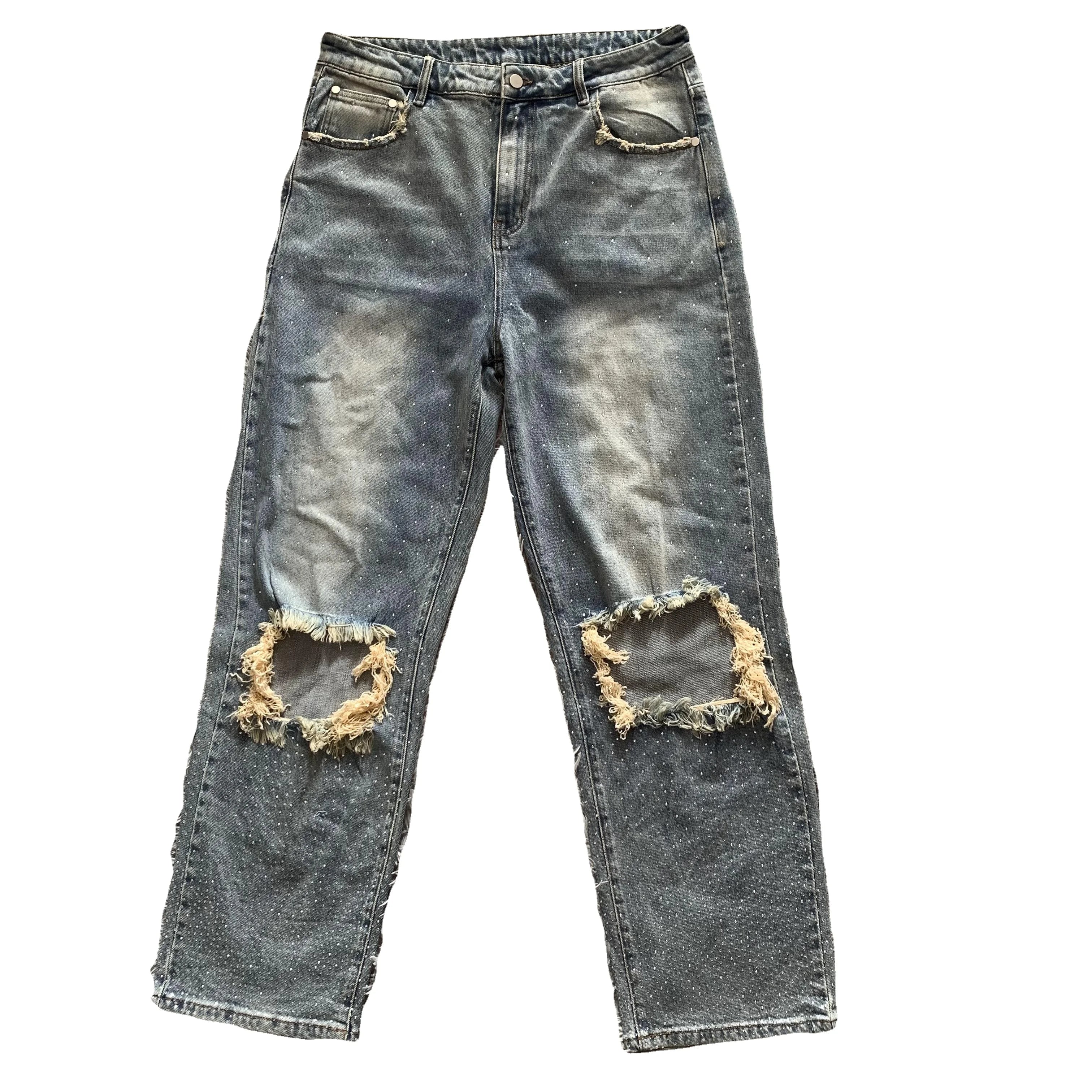 DENIMGUYS Y2k Mens Jeans Pants Original Fashion Brand Full Rhinestone Wide Leg Straight Tube High Street Ripped Hole Jeans Man
