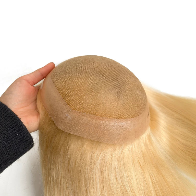 Australian Fine Swiss Lace Circle Thin PU Skin Blonde Virgin Human Hair Women Topper