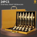 Custom High Quality 24pcs Set Polished Stainless Steel Gold Cutlery-16pcs Spoon Fork Knife Tableware Set with Wooden Case