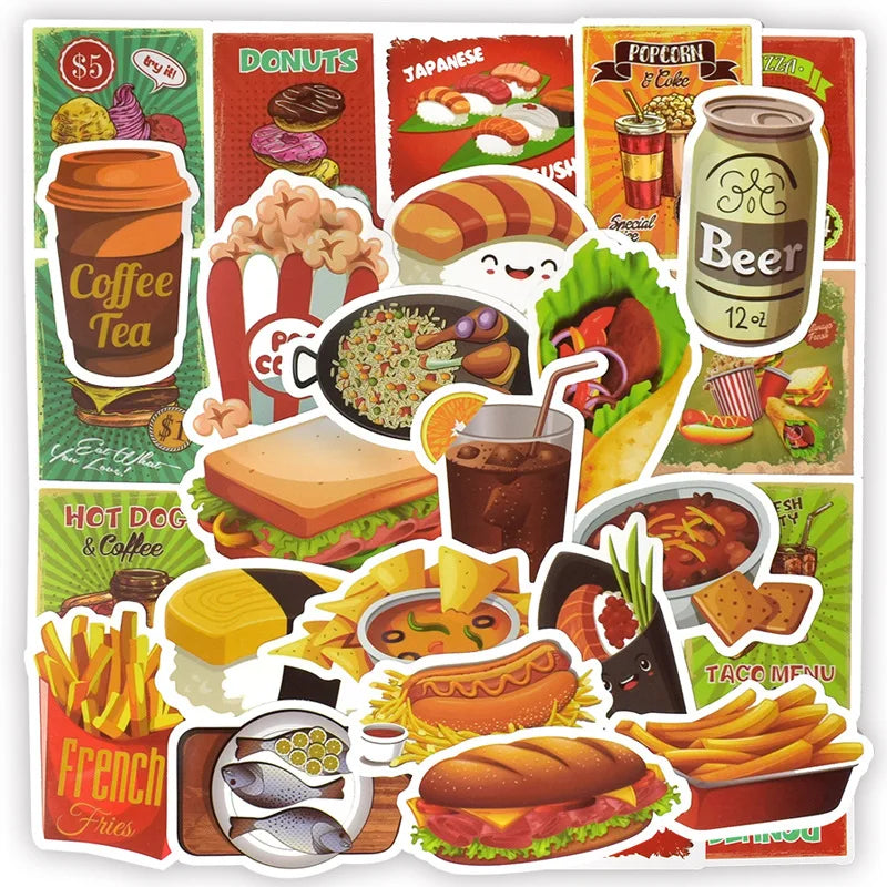 50Pcs Creative Food Beverage Graffiti Stickers for Kitchen Wall Table Vinyl Snacks Sticker