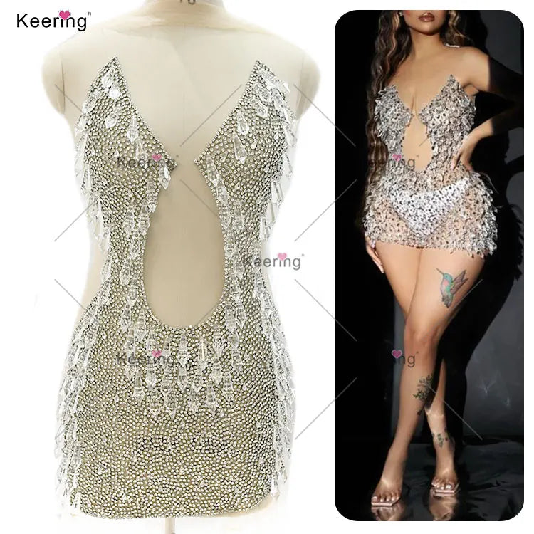 WDP-533  New Arrivals Handmade Flower Gold Sparkle Deluxe Rhinestone Bodice Crystal Applique for Wedding Dress