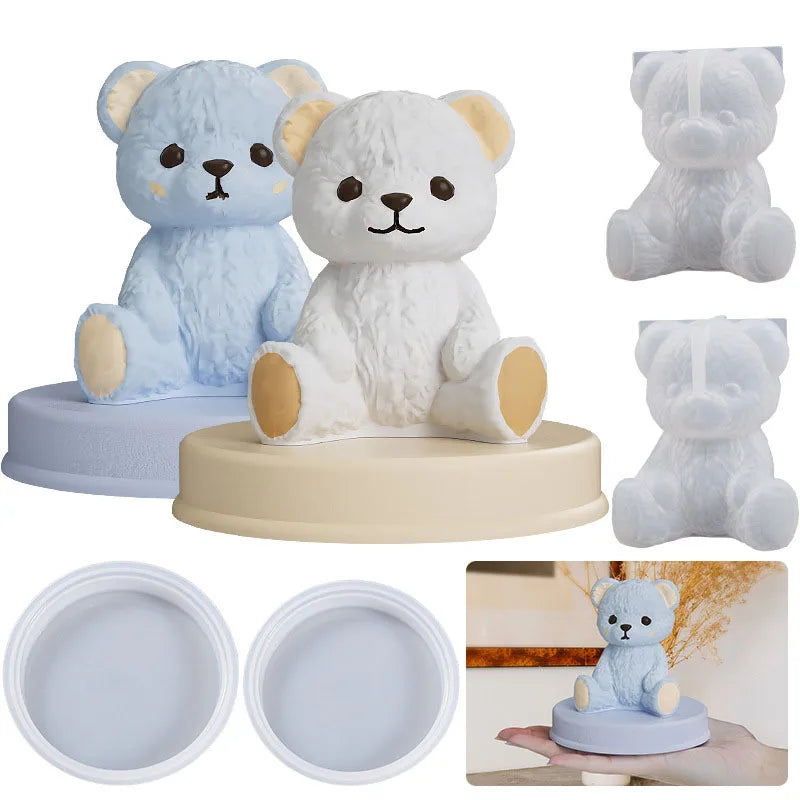 Cute Teddy Bear Silicone Mold Foe Epoxy Resin Plaster Ornament with Base Holder Molds DIY 3d Bear Moldes De Silicona Para Yeso