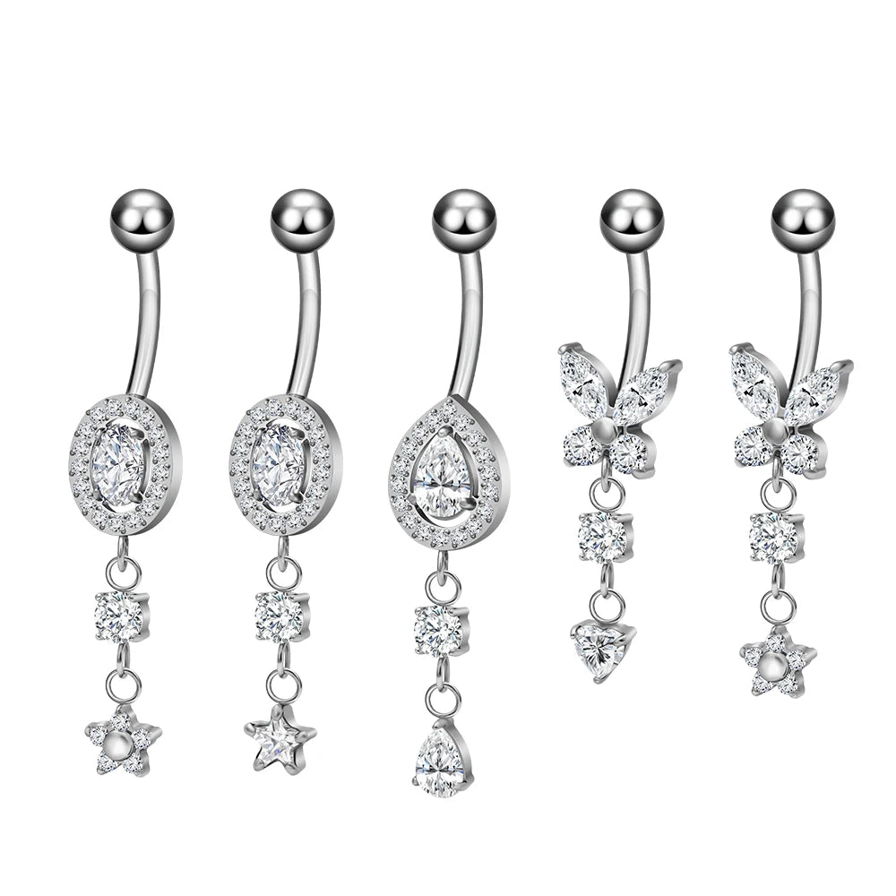 Fashion 316L Stainless Steel  Internally Threaded Navel Curves Belly Button Rings Marquise CZ Inlay Women Body Piercing Jewelry