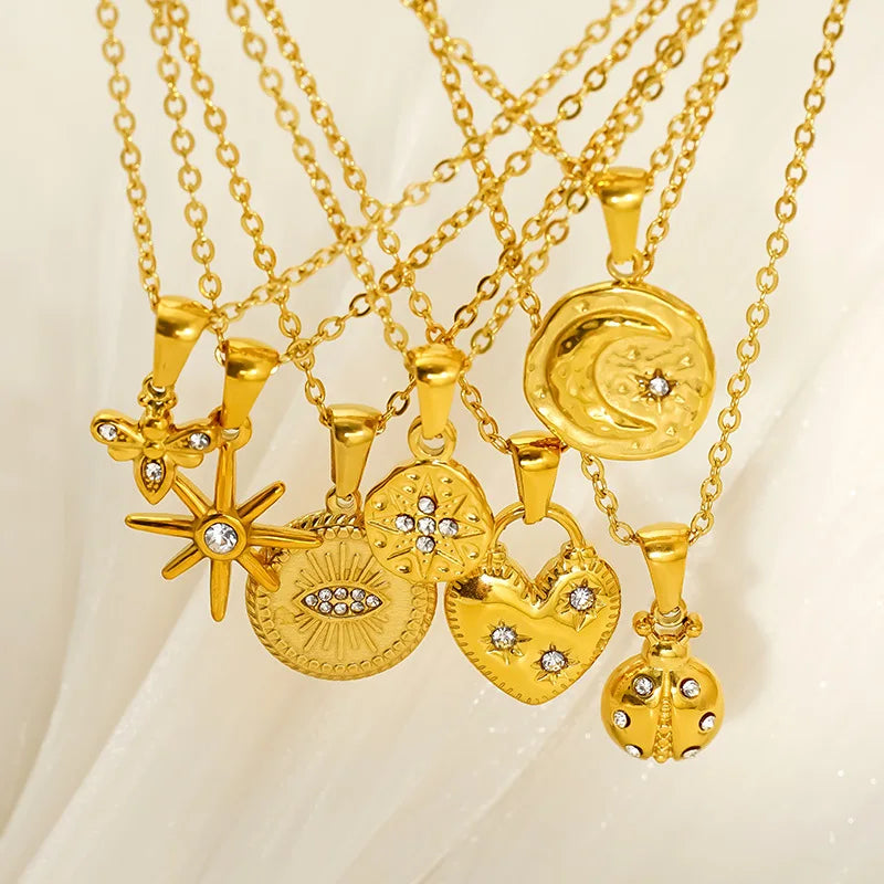 Tarnish Free Geometric Sun Moon Eight Star Gold Plated Stainless Steel Zircon Pendant Necklace Women's Jewelry Wholesale