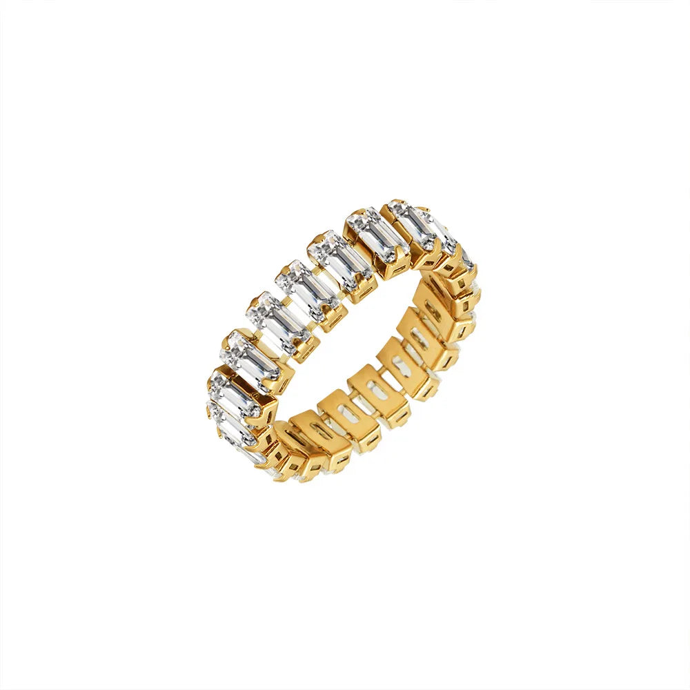 Moge Anel De Ouro Wholesale Luxury Gold Plated Stainless Steel Jewelry Baguette CZ Zircon Tennis Chain Ring for Women