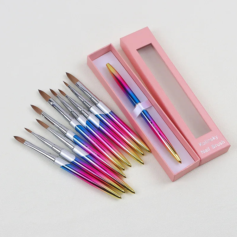 Customized Gradient Metal & Wood Handle Nail Drawing Pen Pure Kolinsky Sable Brushes for Acrylic Gel Polish Nail Art Design