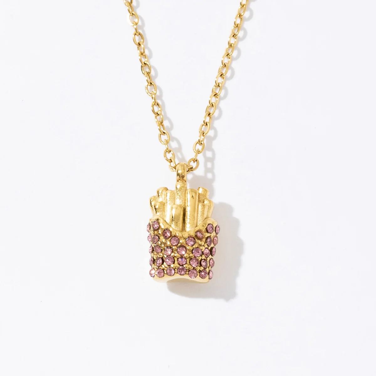 Wholesale Jewelry Gold Plated Stainless Steel French Fries Shape Pink Zircon Necklace for Women and Girls