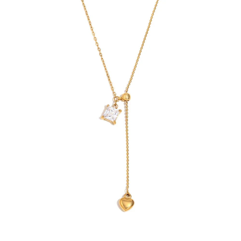 New Arrival Stainless Steel 18K Gold Plated Square Heart-Shaped Zircon Tassel Y Necklace for Women No Fade