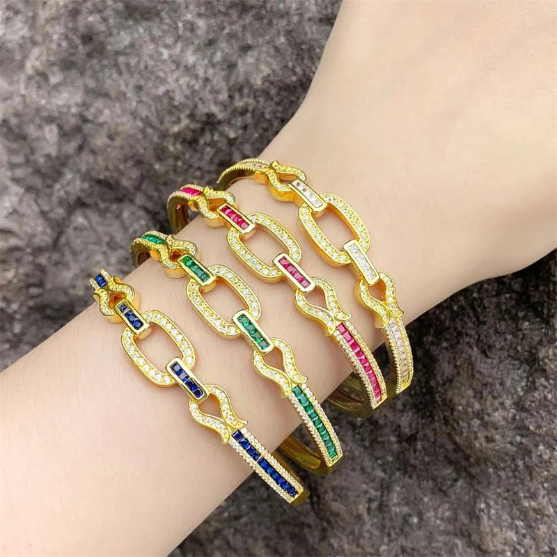 2024 New Arrivals Trending 18K Gold Plated Fine Jewelry Bangles Open Adjustable Pave Chain Bracelet for Women