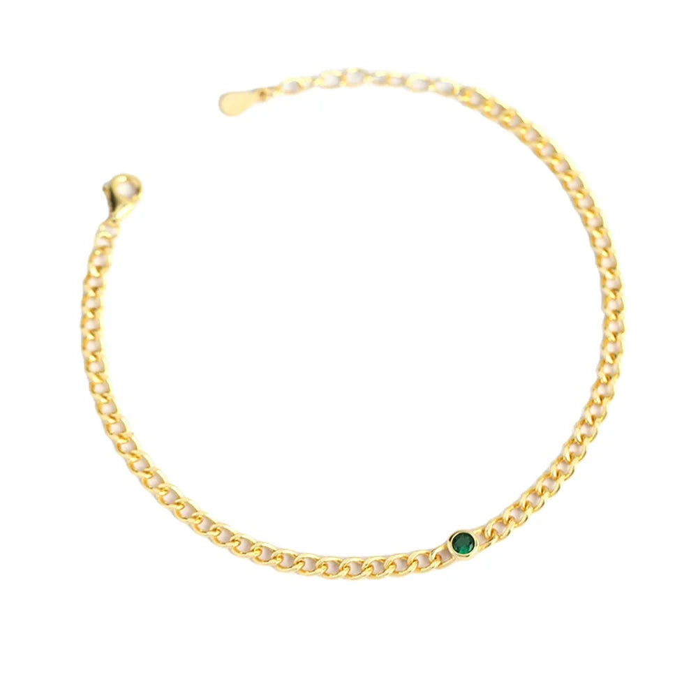 FUAMAY S925 Silver 18KGold Plated 3.2MM Link Chain Bracelets Round Big Green Stone CZ Bracelets