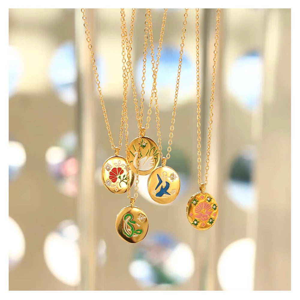 Dainty Colorful Enameled Animal Snake Pattern Necklace Stainless Steel No Fade Oil Dripping Flower Pendant Necklace for Women