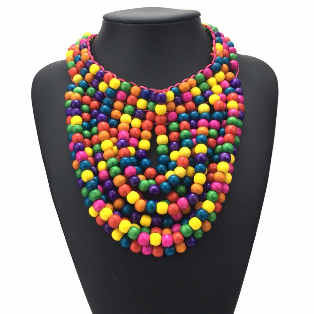 Boho Statement Bib Wooden Beads Necklaces Fashion Jewelry African Handmade Multi Layered Beaded Necklace Collars Accessories