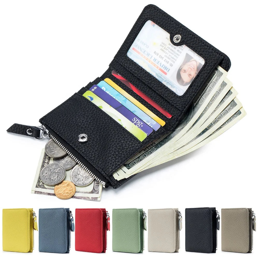 Luxury Bifold Cowhide Leather Credit Cardholder Wallet Ladies Women Hand Purse Wallet Zipper Mini Wallet for Women